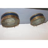 Pair of brass and blue ceiling lights {13 cm H x 28 cm Dia.}.