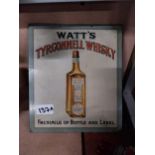 Watt's Tryconnell Whisky tin plate advertising sign {24 cm H x 21 cm W}.