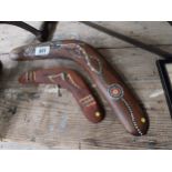 Two hand painted Australian boomerangs. {16 cm H x 46 cm W} and {10 cm W x 26 cm W}.