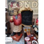 Figure of a chef in the form of a notice board {77cm H x 48cm W x 25cm D}.
