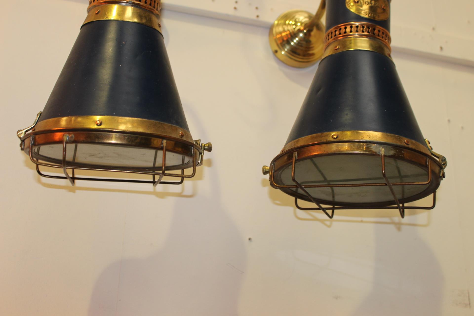 Pair of brass and blue hanging lights {43 cm H x 21 cm W x 33 cm D}. - Image 2 of 4