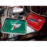 Two tinplate advertising trays - Seven Up & Cinzano {30 cm H x 42 cm W and 26 cm H x 37 cm W}.
