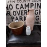 Terracotta candle holder, Ceramic bowl and medicine bottle. {Tallest 29 cm H to 10 cm H}.