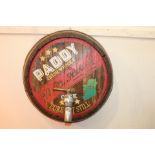 Paddy whisky advertising barrel end with chrome tap {60 cm Dia. x 20 cm D}.