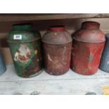 Three enamel tea bins - no lids {35cm H & 33cm H}.