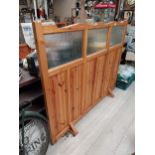 Two stained pine pub dividers with stained glass panels. {144 cm H x 184 cm W} and {131 cm H x 132