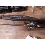 19th C. percussion cap rifle in need of restoration and one fencing sword {124 cm L and 106 cm L}.