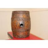 Oak 10 litre metal bound barrel {33 cm H x 27 cm Dia.}.