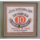 John Jameson ten years old Dublin whiskey Bottled in bond Quin's of Limerick est 1822 framed