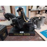 Rare Highland Queen Scotch whisky medieval horse and rider advertising figure {34cm H x 33cm W x