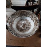 Two 19th C. brown and white transfer pattern ceramic mixing bowls with damage {13 cm H x 38 cm