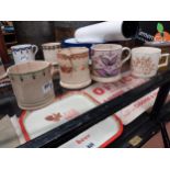 Two 19th C. spongeware ceramic mugs and two 19th C. transfer ceramic mugs {Largest 11 cm H x 10 cm