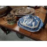 Blue and white Willow pattern ceramic terrine and Wade pottery ceramic teapot in the form of a