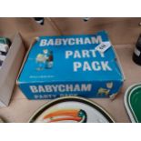 Set of six Babycham advertising glasses in presentation box {11cm H x 9cm Dia.}.