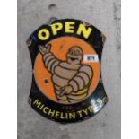 Open for Michelin Tyres enamel advertising sign {38 cm H x 27 cm W}.