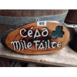 Wooden Cead Mile Failte plaque. {21 cm H x 40 cm W}.