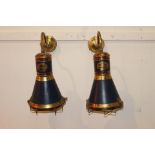 Pair of brass and blue hanging lights {43 cm H x 21 cm W x 33 cm D}.