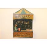 Ice Cream and Candy Floss painted wooden advertising sign. { 93 cm H x 61 cm W x 14 cm D}.