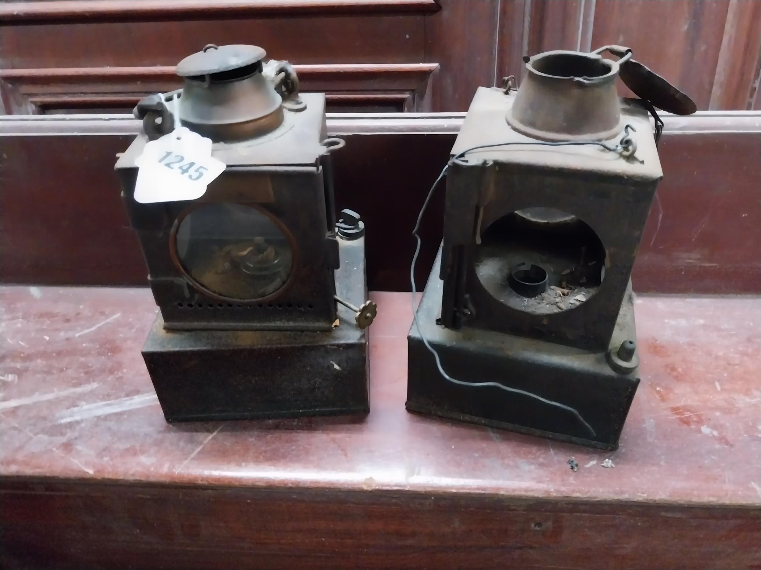 Pair of 19th C. railway signal lamps. {24 cm H x 15 cm W x 15 cm D}.