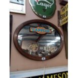 Framed oval mirror later Will's Gold flake advertising design {53cm H x 70cm W}.