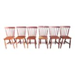 Set of six 19th C. painted pine spindle backed chairs. {82 cm H x 36 cm W x 25 cm D}.