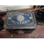 Coleman’s mustard advertising tin {13cm H x 22cm W x16cm D}.