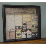 Titanic memorabilia mounted in wooden frame {78 cm H x 86 cm W}.