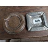 Copper Player's Navy Mixture advertising ashtray {13 cm Dia} and metal ashtray {11 cm H x 11 cm W}.