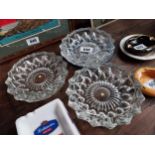 Three moulded glass ashtrays {20 cm Dia.}.