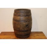 Oak metal strapped barrel {52 cm H x 40 cm Dia.}.