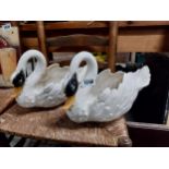 Pair of ceramic swans, oak fruit bowl and vase.