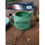 Millar's Wines, Cordials and Whiskies ceramic advertising water jug {11 cm H x 14 cm W x 10 cm D}.