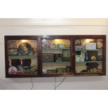 19th C. mahogany display cabinet with three glazed doors. { 80 cm H x 196 cm W x 15 cm D}.