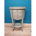 French painted mahogany lamp table with three drawers and brass gallery back raised on square