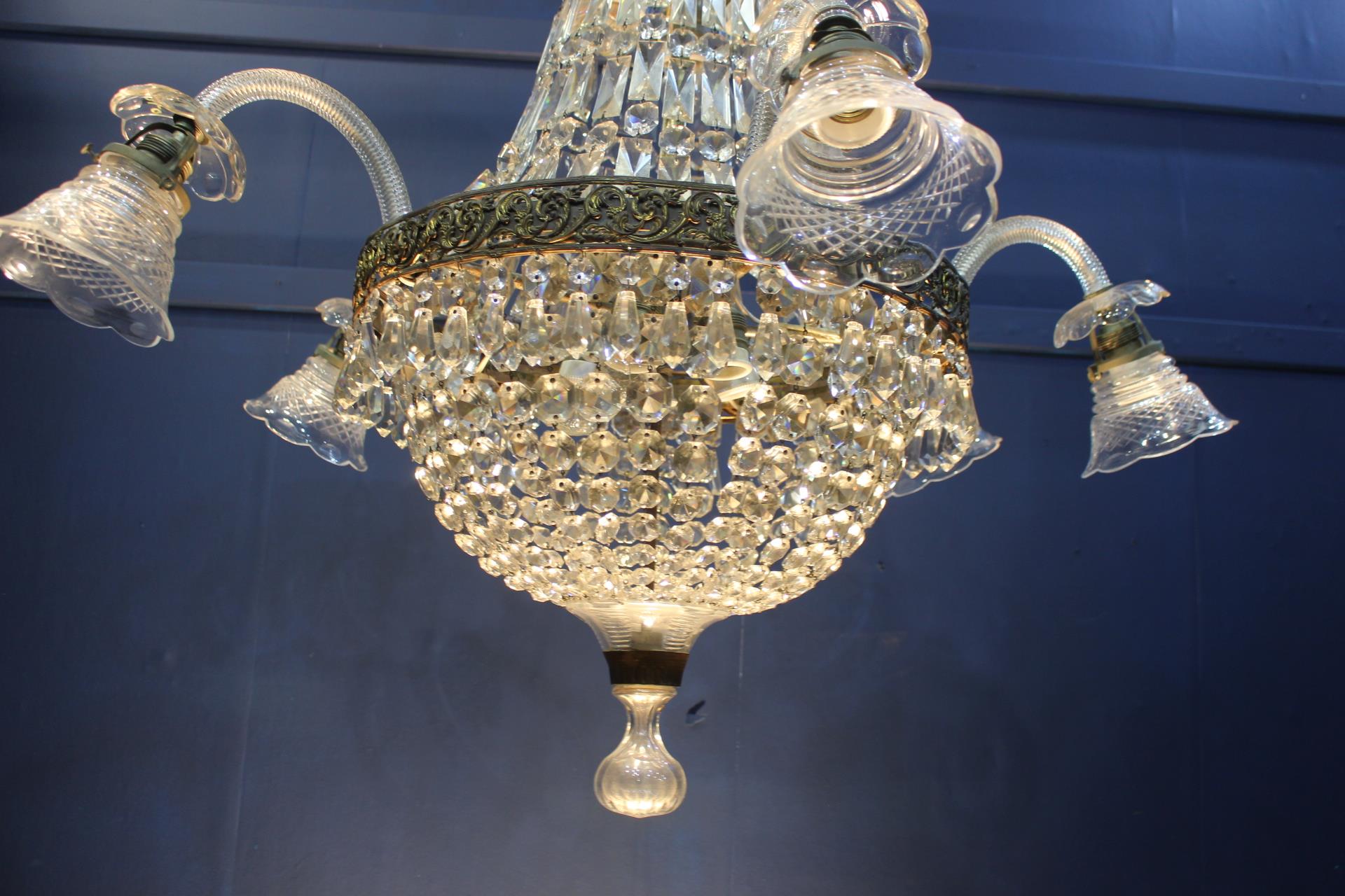 Mokano brass and cut glass five branch chandelier {H 100cm x Dia 95cm}. - Image 6 of 6
