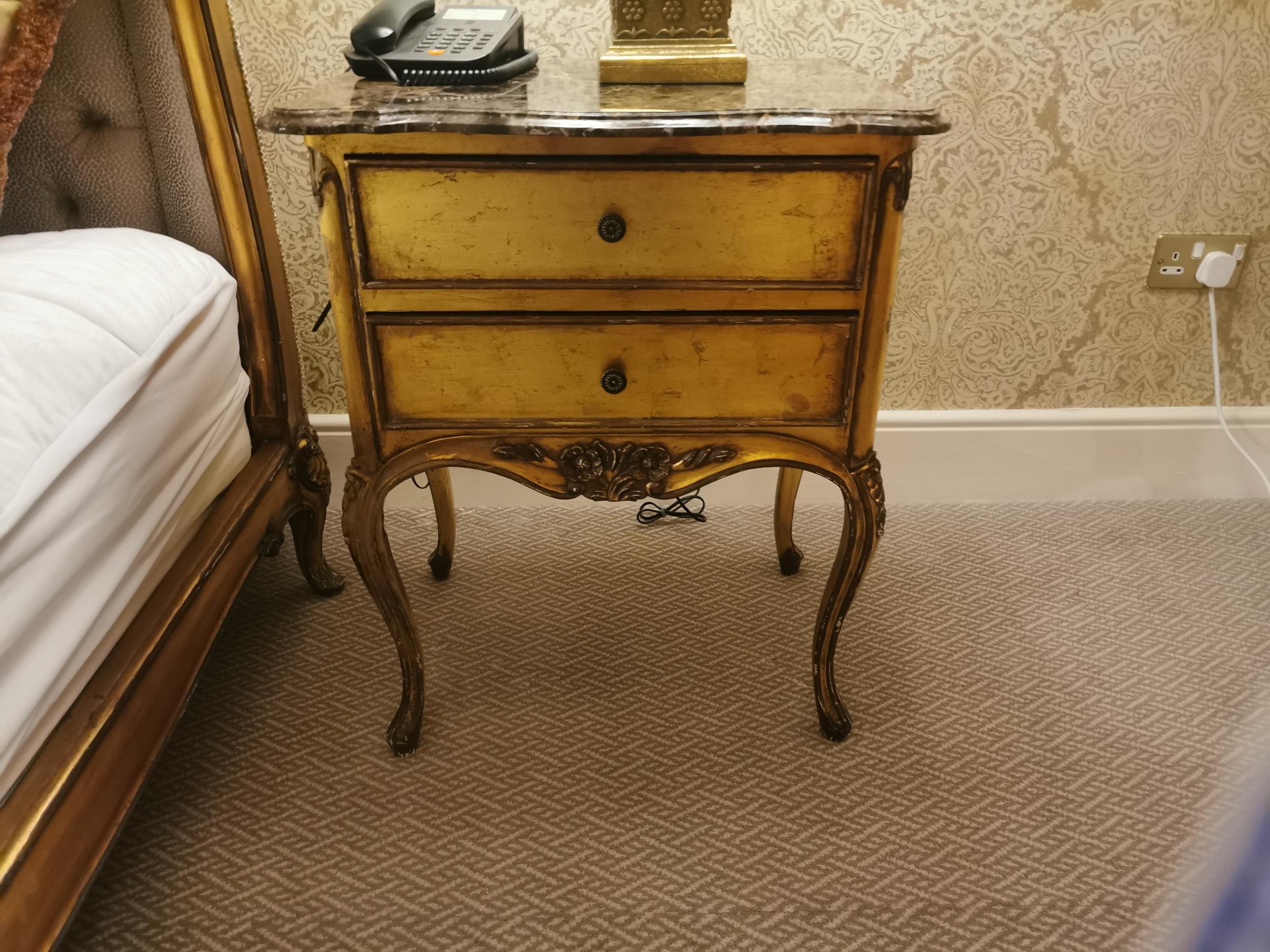 Pair of French giltwood bedside cabinets with marble top {72 cm H x 59 cm W x 40 cm D}. - Image 3 of 4