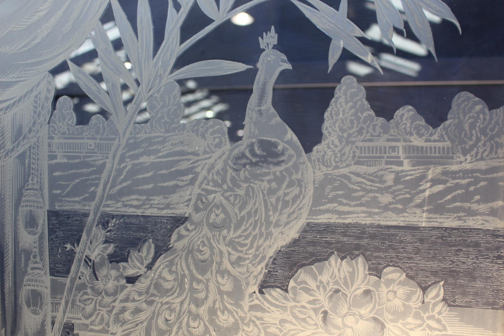 Pair of pitch pine doors with etched glass depicting a scene of balcony with birds {H 243cm x W 80cm - Image 5 of 8