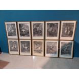 Set of sixteen French black and white engravings mounted in giltwood frames {63 cm H x 49 cm W}.