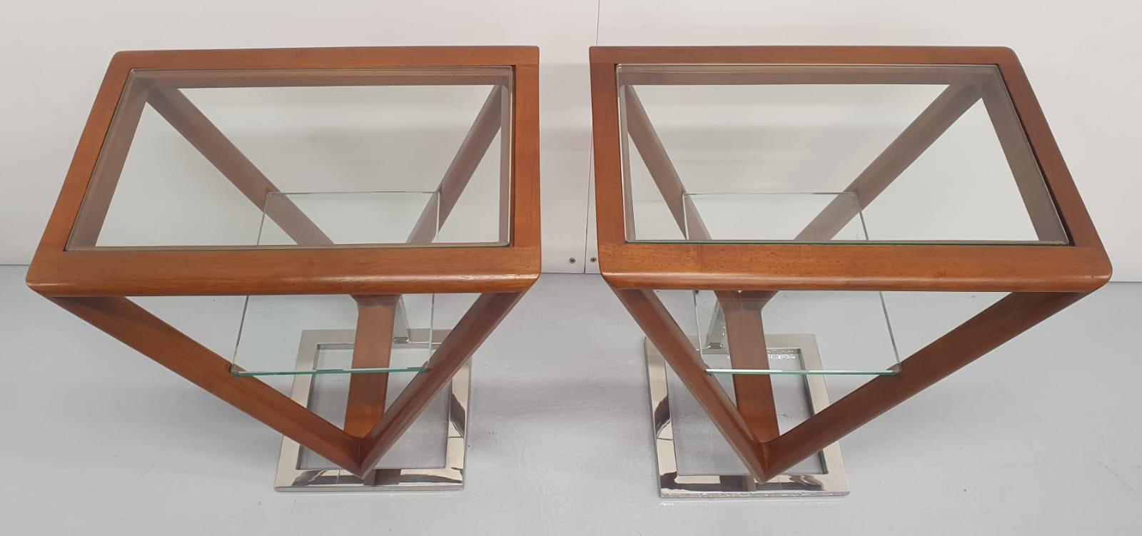 Pair of exceptional quality teak and chrome side tables with glass insert, in the Art Deco style {65 - Image 4 of 4