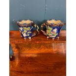 19th C. Pair of majolica jugs decorated with strawberry leaves and fruit. { 17 cm H X 20 dia }.