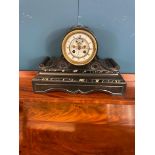 Victorian marbelised slate mantle drum head clock {24cm H x 35cm W x 13cm D}