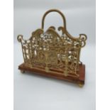 Decorative brass and mahogany letter rack. {33 cm H x 33 cm W x 14 cm D}.