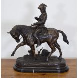 Bronze group of huntsman on horseback signed. {65 cm H x 60 cm W x 25 cm D}.