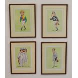 Set of four caricature Horse racing coloured prints mounted in wooden frames.{31 cm H x 32 cm W}.