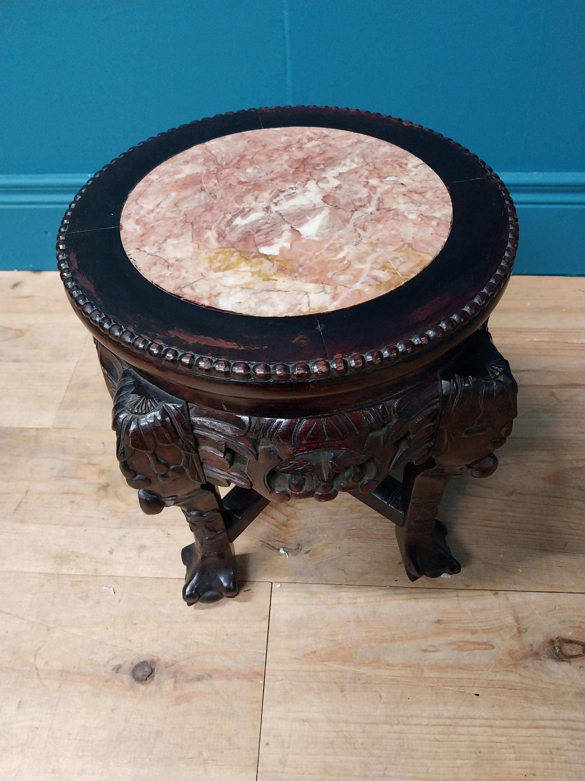 Carved hardwood jardiniere stand with inset marble top in the Chinese style. {34 cm H x 30 cm Diam} - Image 2 of 5