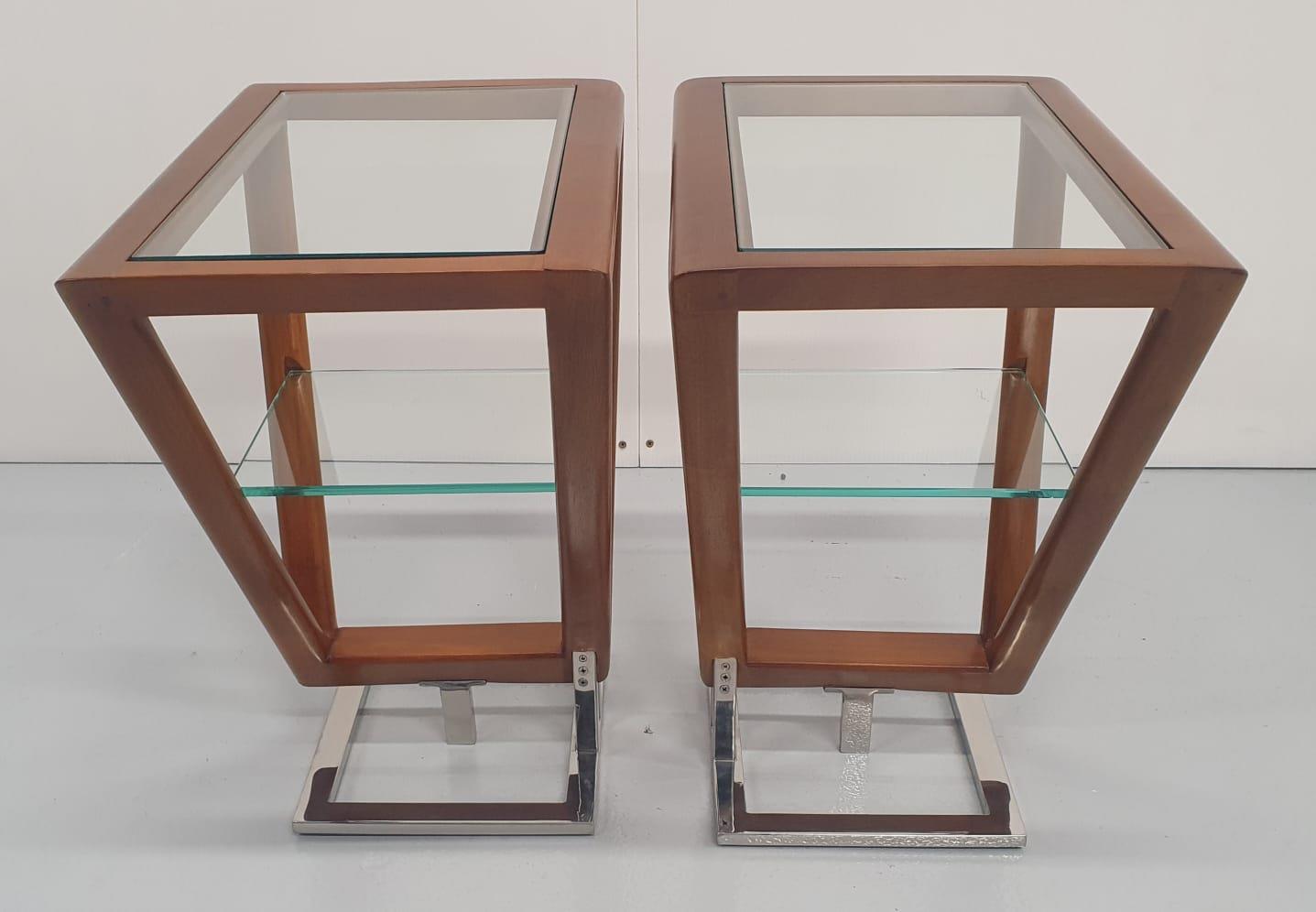 Pair of exceptional quality teak and chrome side tables with glass insert, in the Art Deco style {65 - Image 3 of 4