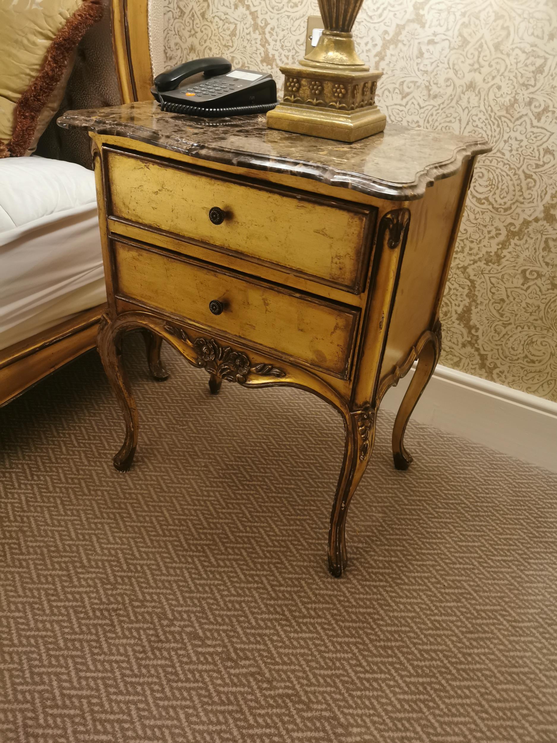 Pair of French giltwood bedside cabinets with marble top {72 cm H x 59 cm W x 40 cm D}. - Image 4 of 4