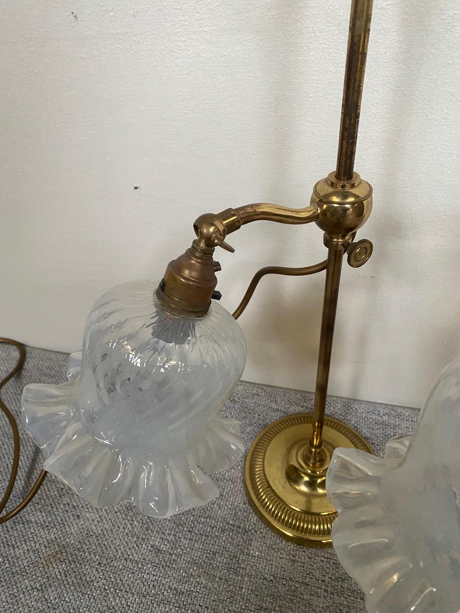 Pair of brass adjustable table lamps with glass tulip shades {55 cm H}. - Image 6 of 7