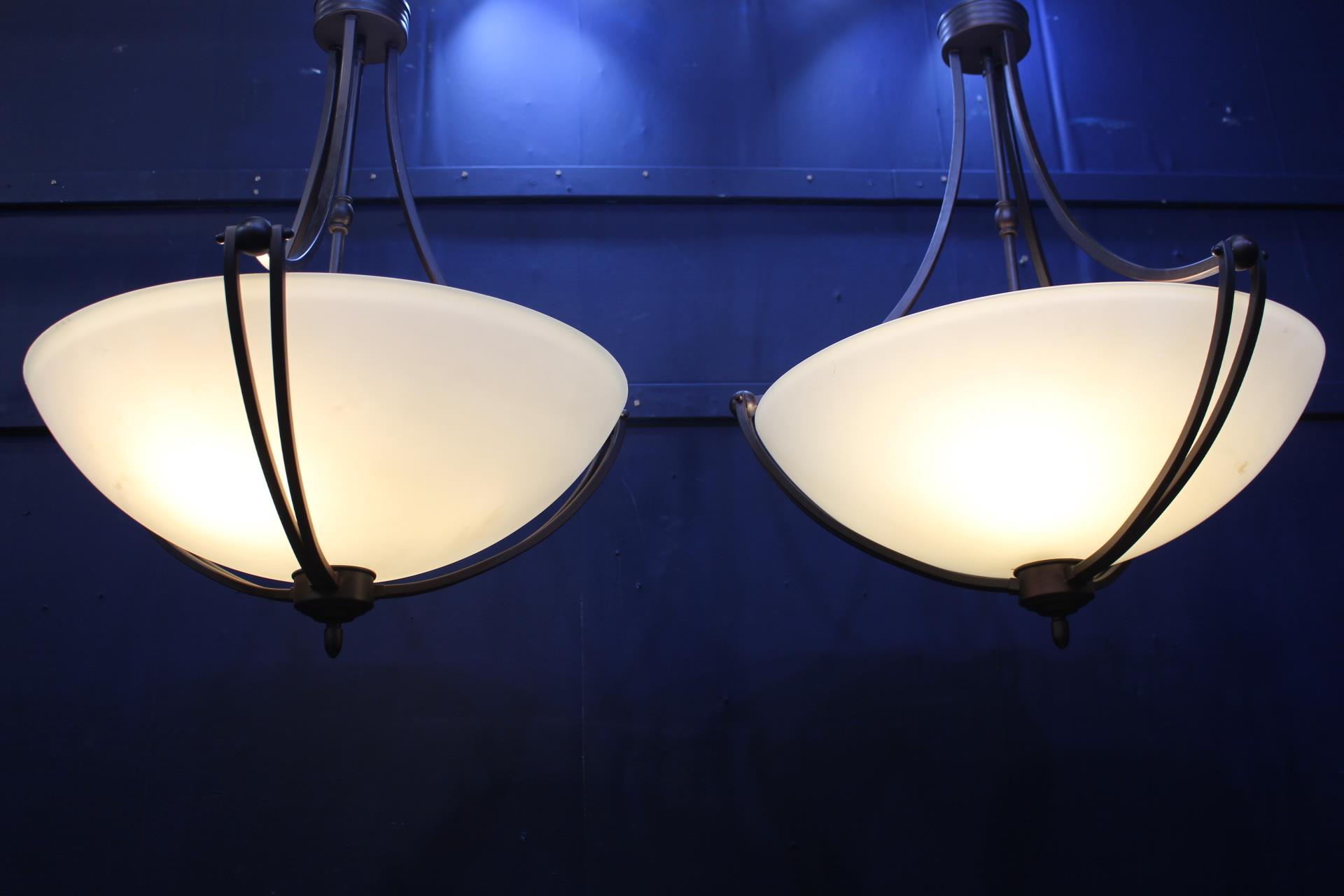 Pair of bronze hanging light with alabaster shades {H 100cm x Dia 56cm}. - Image 2 of 3