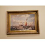 Seascape oleograph mounted in a gilt frame {88 cm H x 122 cm W}.